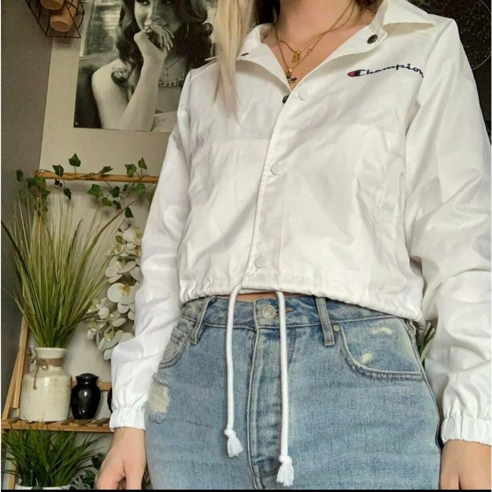 Streetwear White Champion Cropped Coaches Jacket Windbreaker Large
